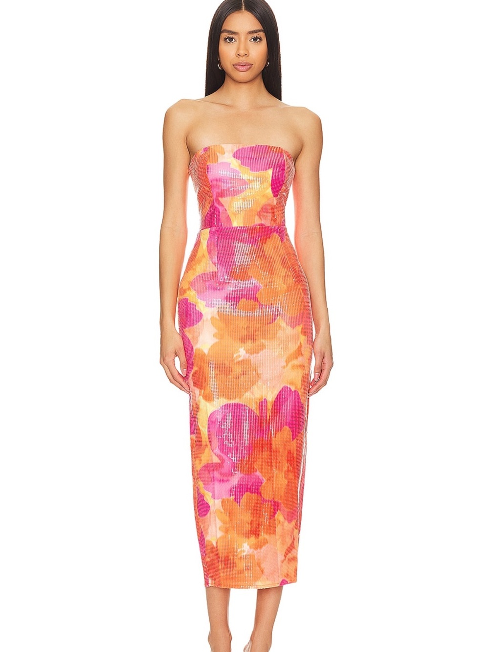 Strapless Pink and Orange Floral Midi Dress